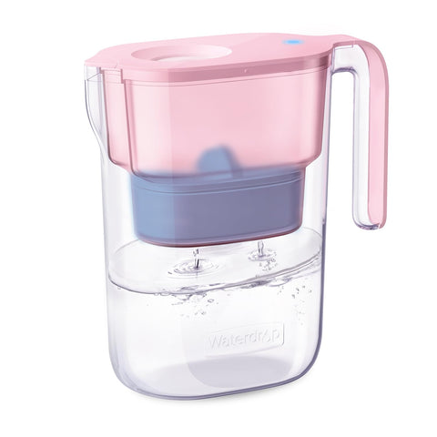Waterdrop alkaline pitcher pink front view, compact 7-cup design for home hydration