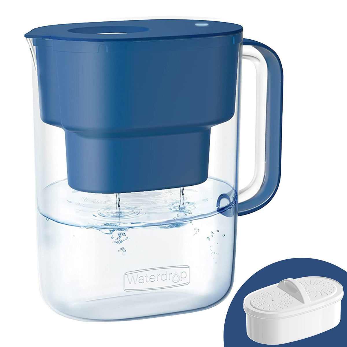 Waterdrop Classic Blue Pitcher with lid for clean, hands-free pouring and easy filtration.