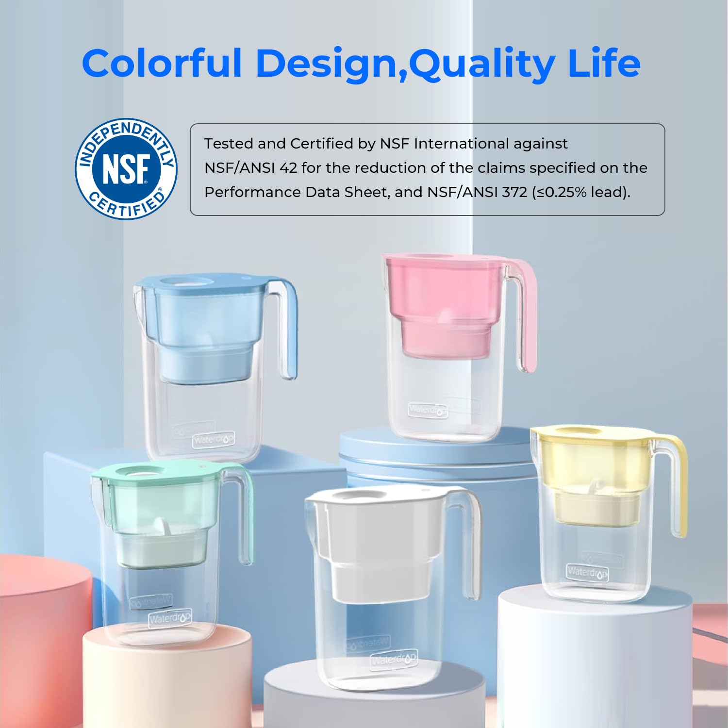 Waterdrop Elfin blue pitcher front view highlighting compact design.