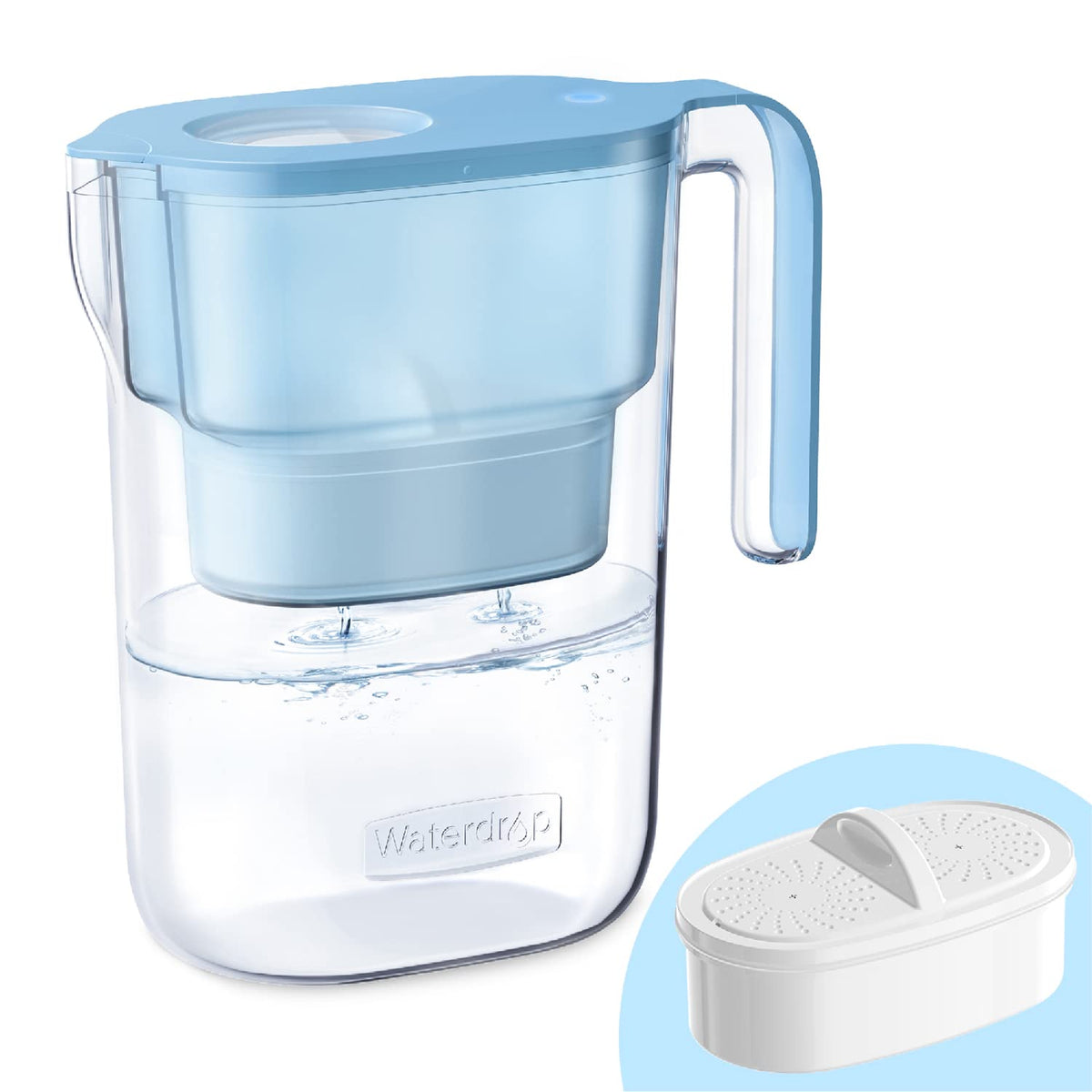 Waterdrop Elfin blue pitcher with lid on kitchen counter, compact and convenient.