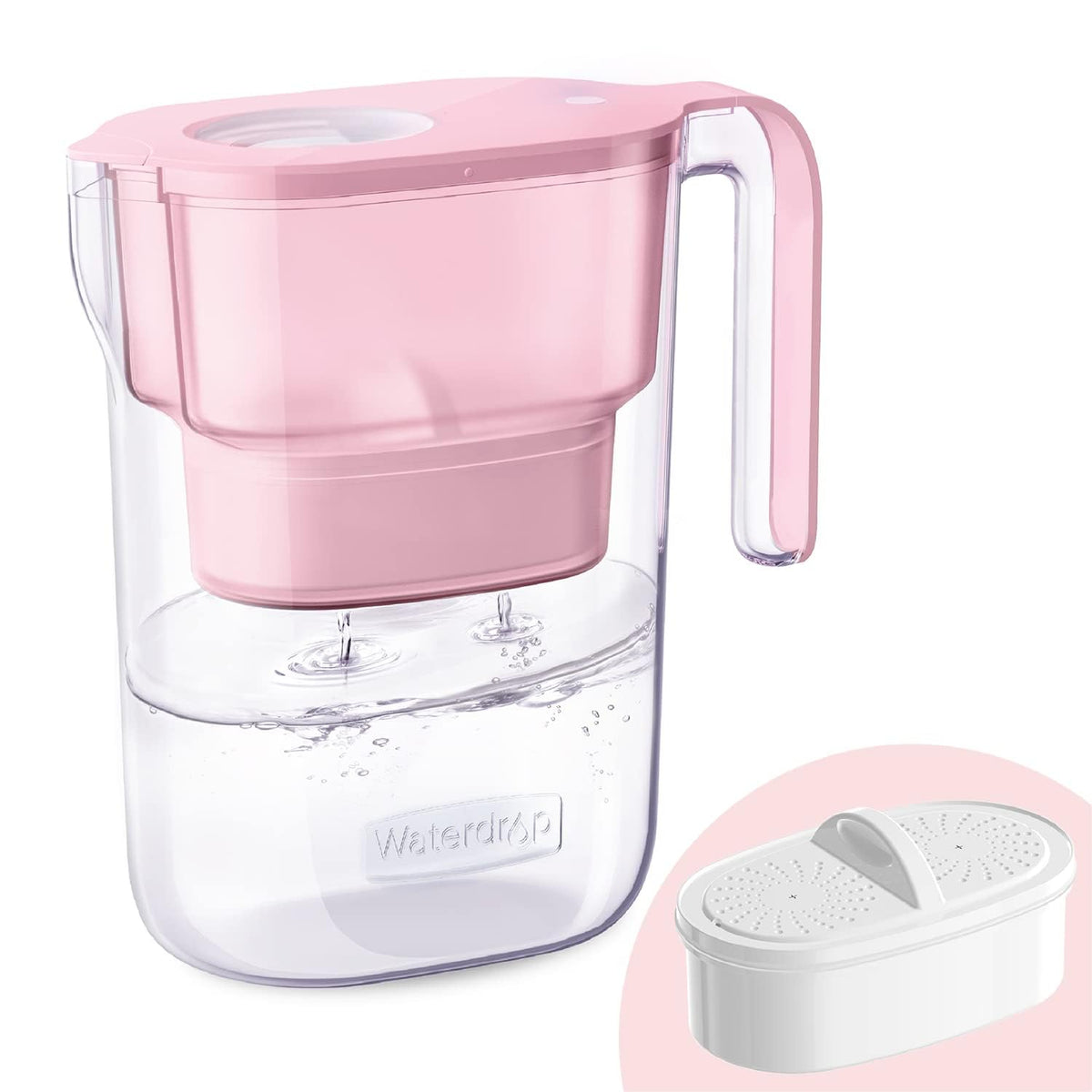 Waterdrop Elfin pink pitcher front view, compact fridge-friendly design.