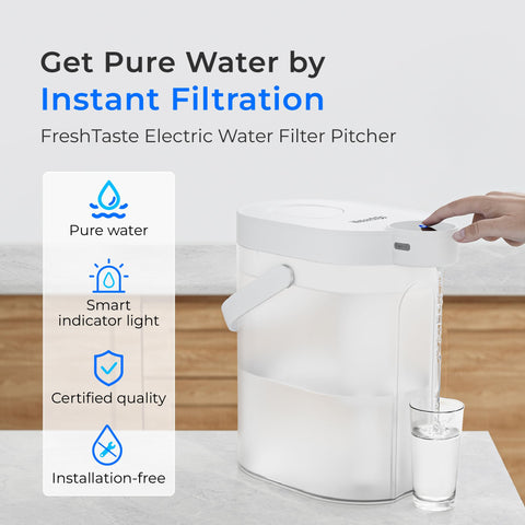 Waterdrop FreshTaste instant pitcher button highlights easy one-press dispensing for immediate purified water.