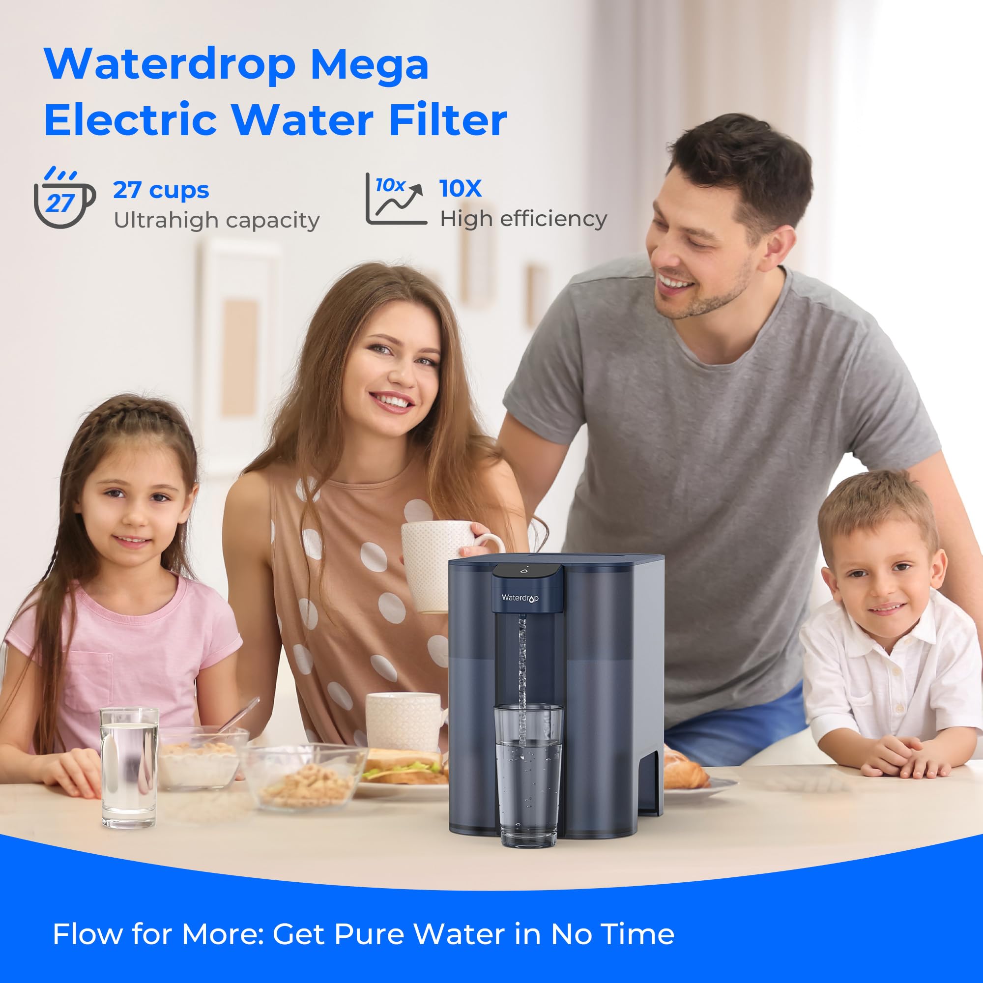 Waterdrop mega dispenser capacity showing 27-cup reservoir