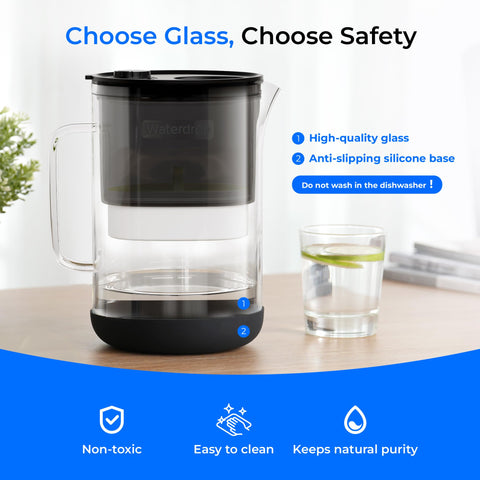 Waterdrop large glass pitcher side view with ergonomic handle for easy pouring.