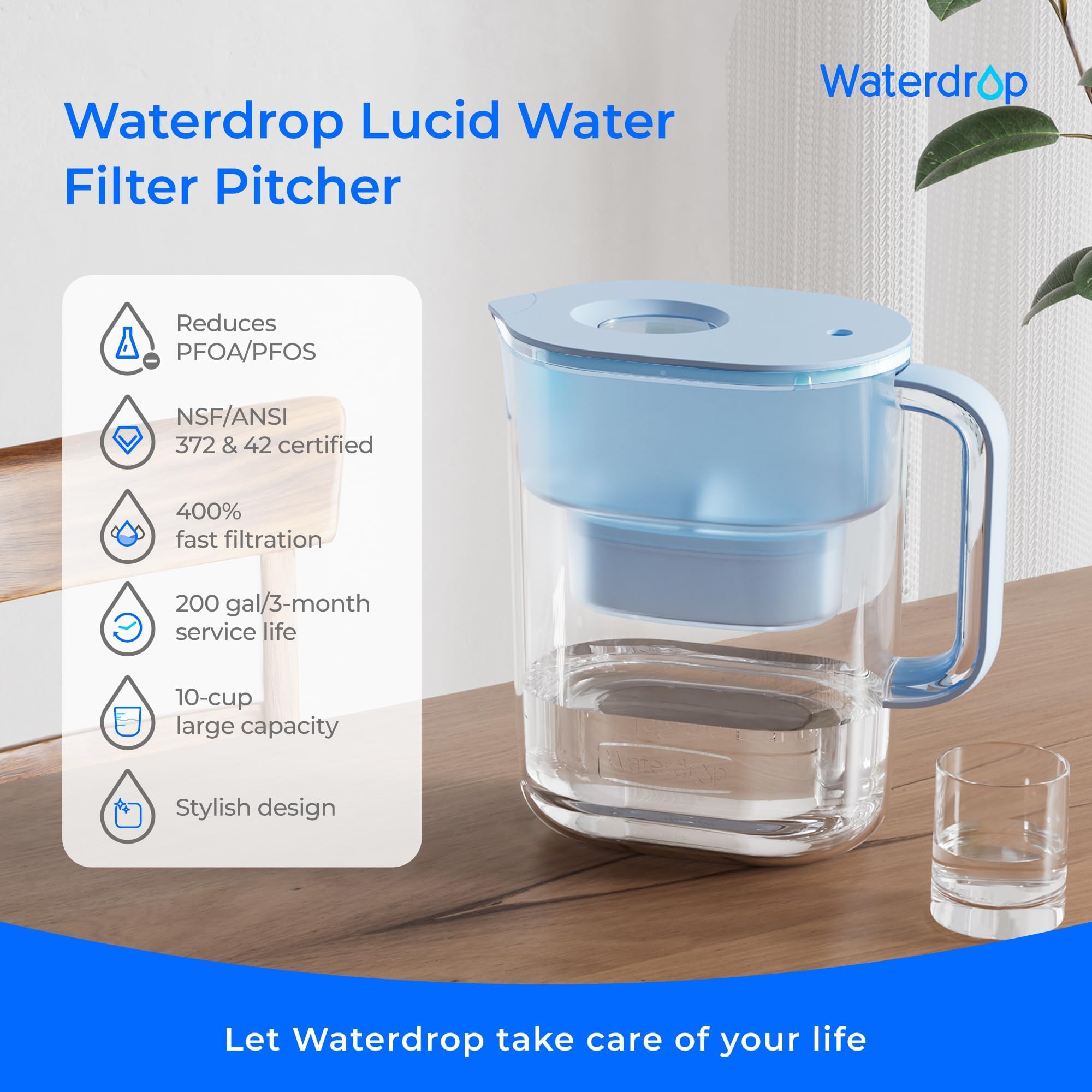 Waterdrop pitcher lid hands-free demonstrates convenient, hygienic filling.