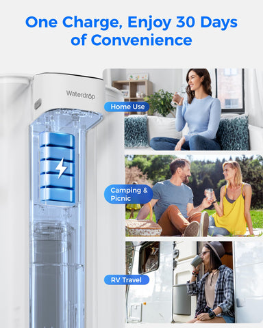 Waterdrop rechargeable dispenser battery status display highlights portability.
