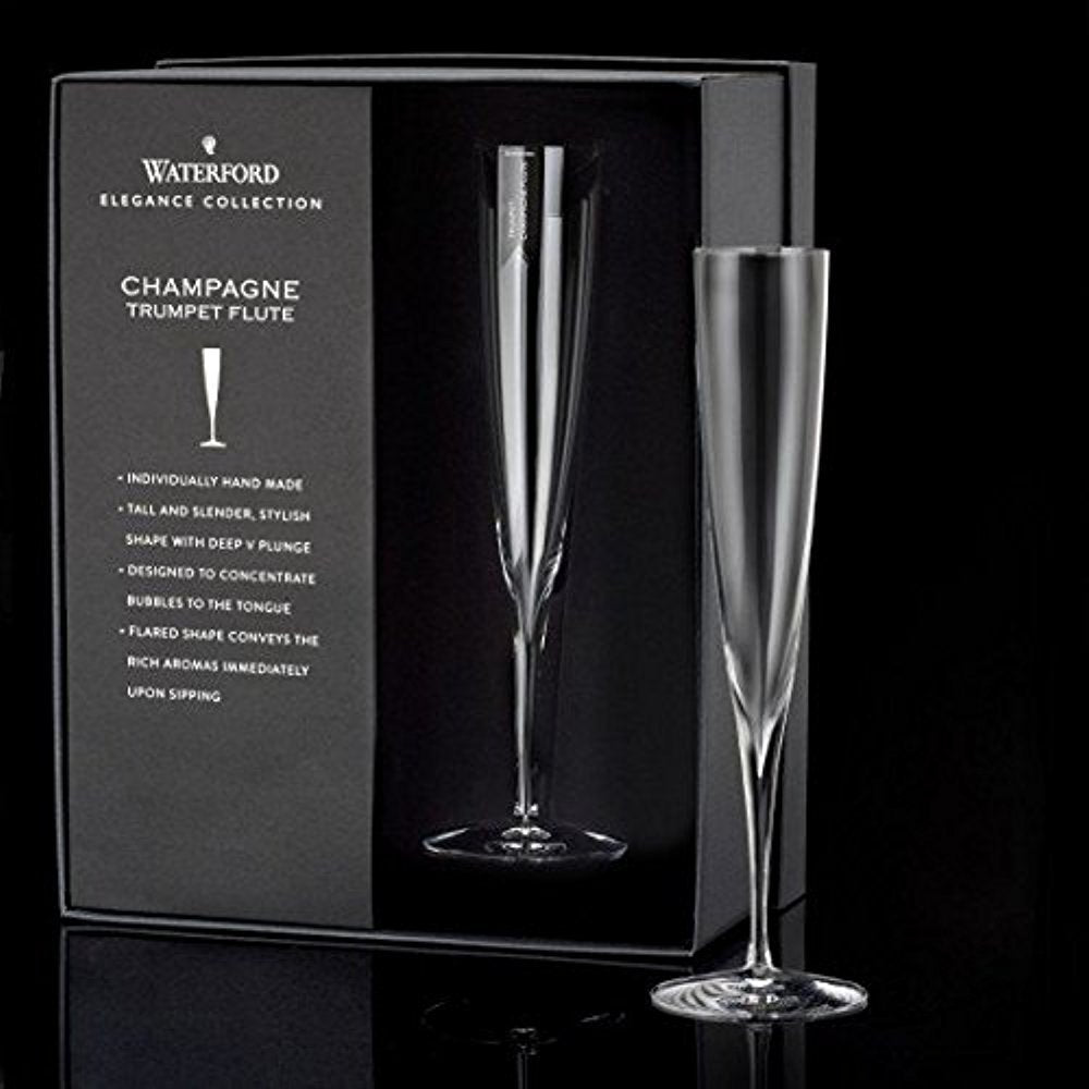 Waterford Elegance trumpet flute pair, rim detail, crisp edge for elegant toasts.