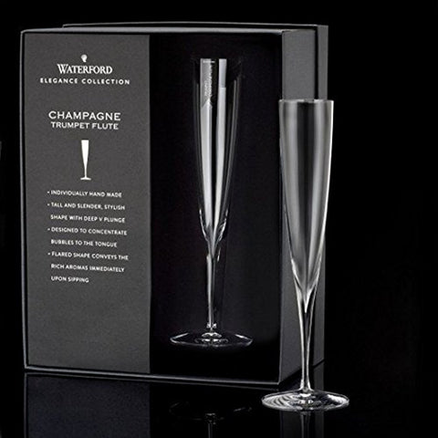 Waterford Elegance trumpet flute pair, rim detail, crisp edge for elegant toasts.