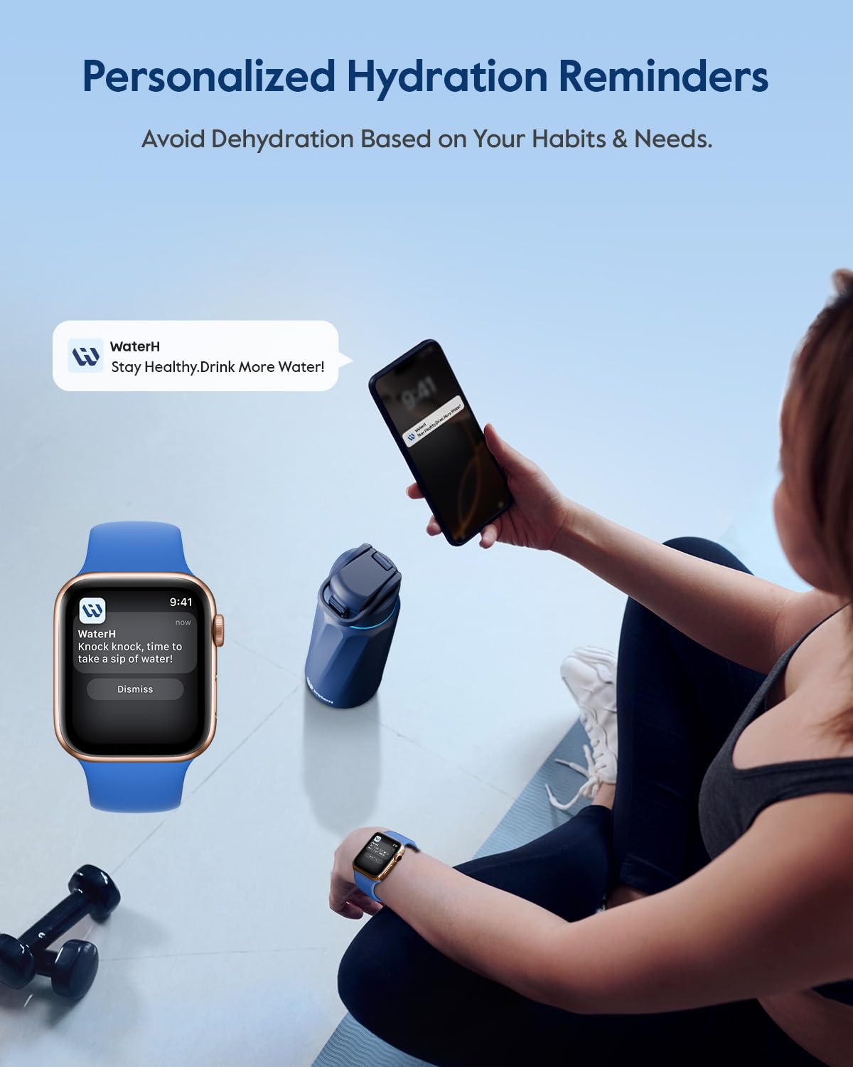 Wide-mouth WATERH BOOST bottle shown with ice for easy chilling.