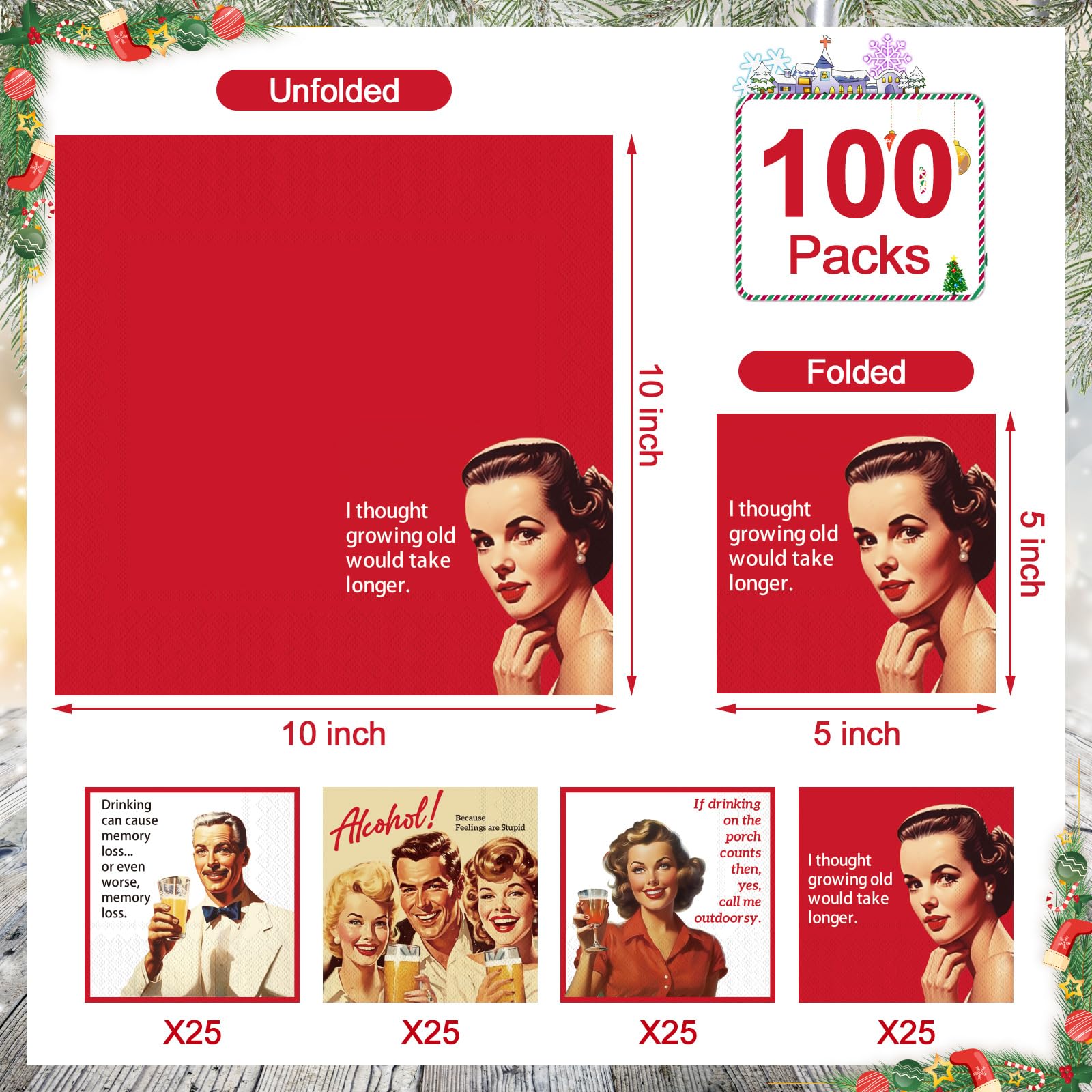 Watersay retro holiday napkins in red, white, and brown boost festive decor.