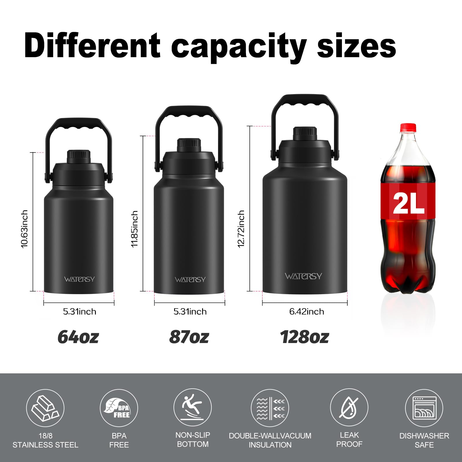 WATERSY 128 oz capacity view shows all-day hydration for adventures