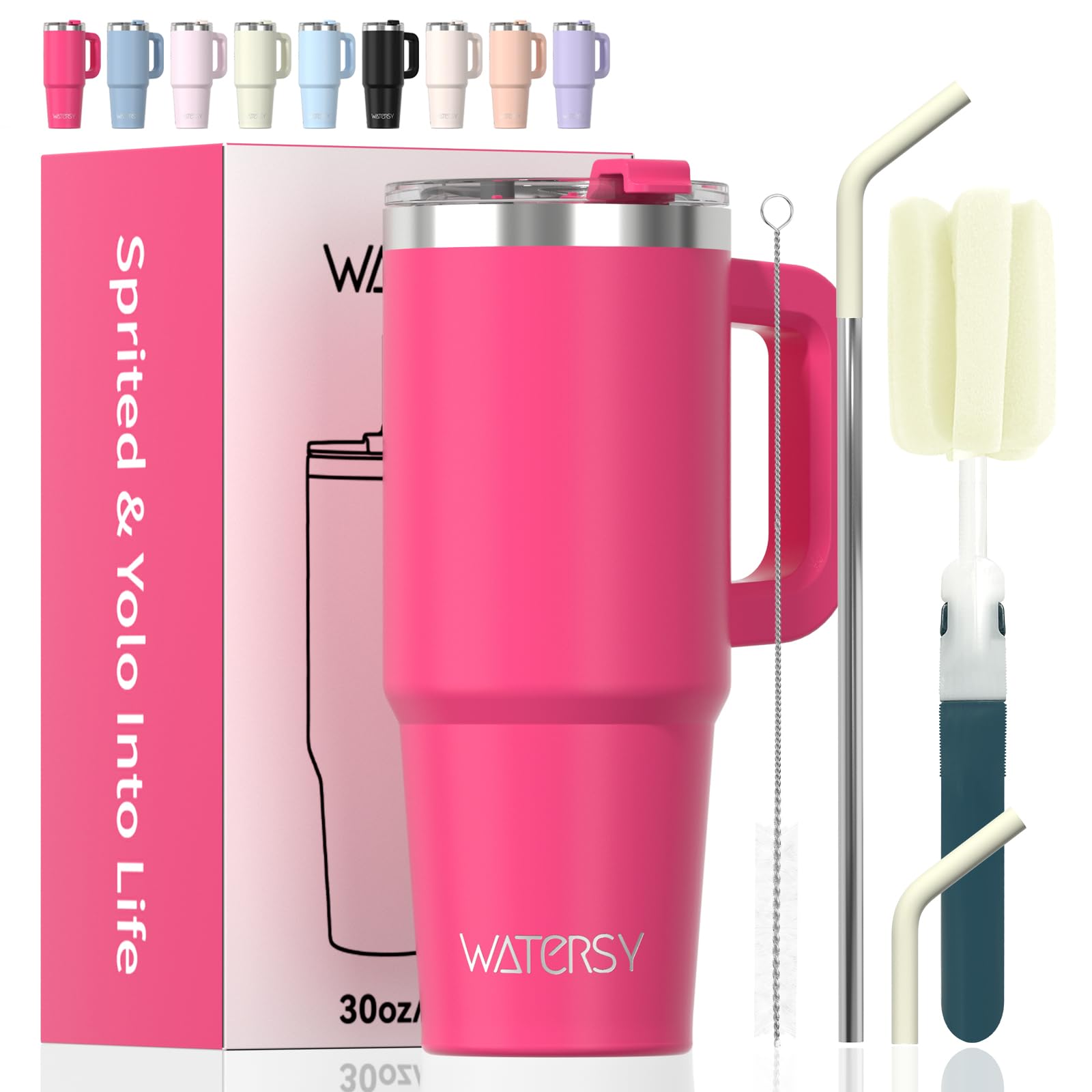 Watersy 20-ounce tumbler with handle in gloss pink for easy portability and style.