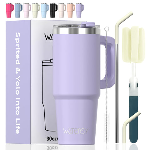 Watersy 30 oz tumbler with handle and purple finish for easy transport.