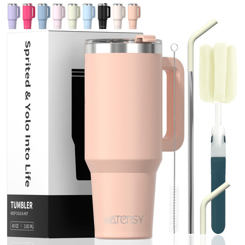 Watersy 40oz tumbler with pink handle, ideal for on-the-go hydration.