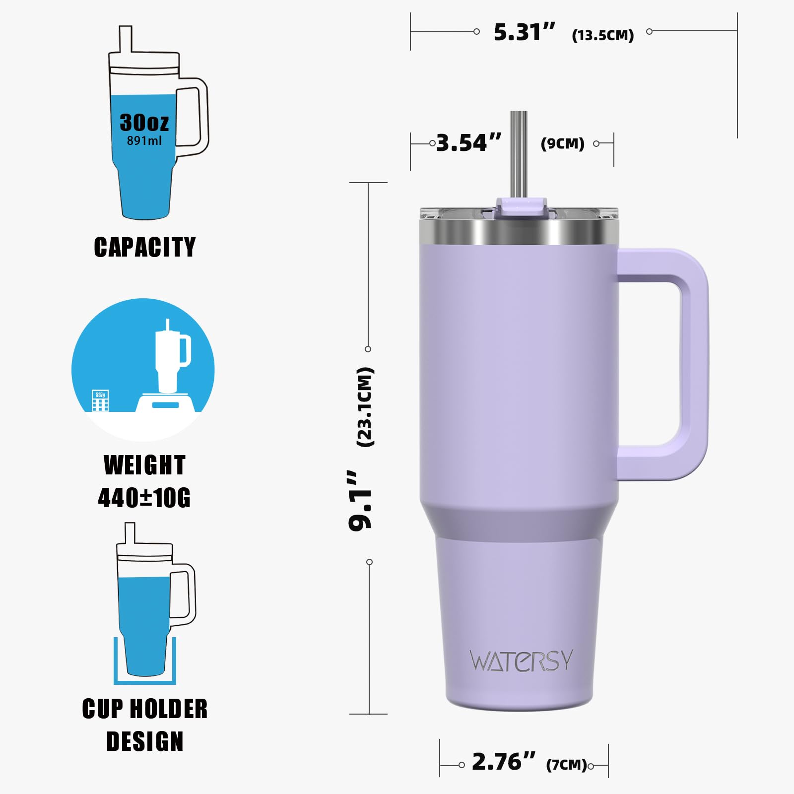 Watersy purple tumbler is ideal for camping, commuting, and travel adventures.