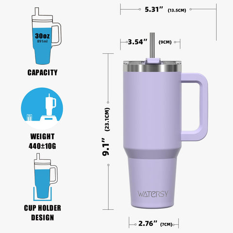 Watersy purple tumbler is ideal for camping, commuting, and travel adventures.