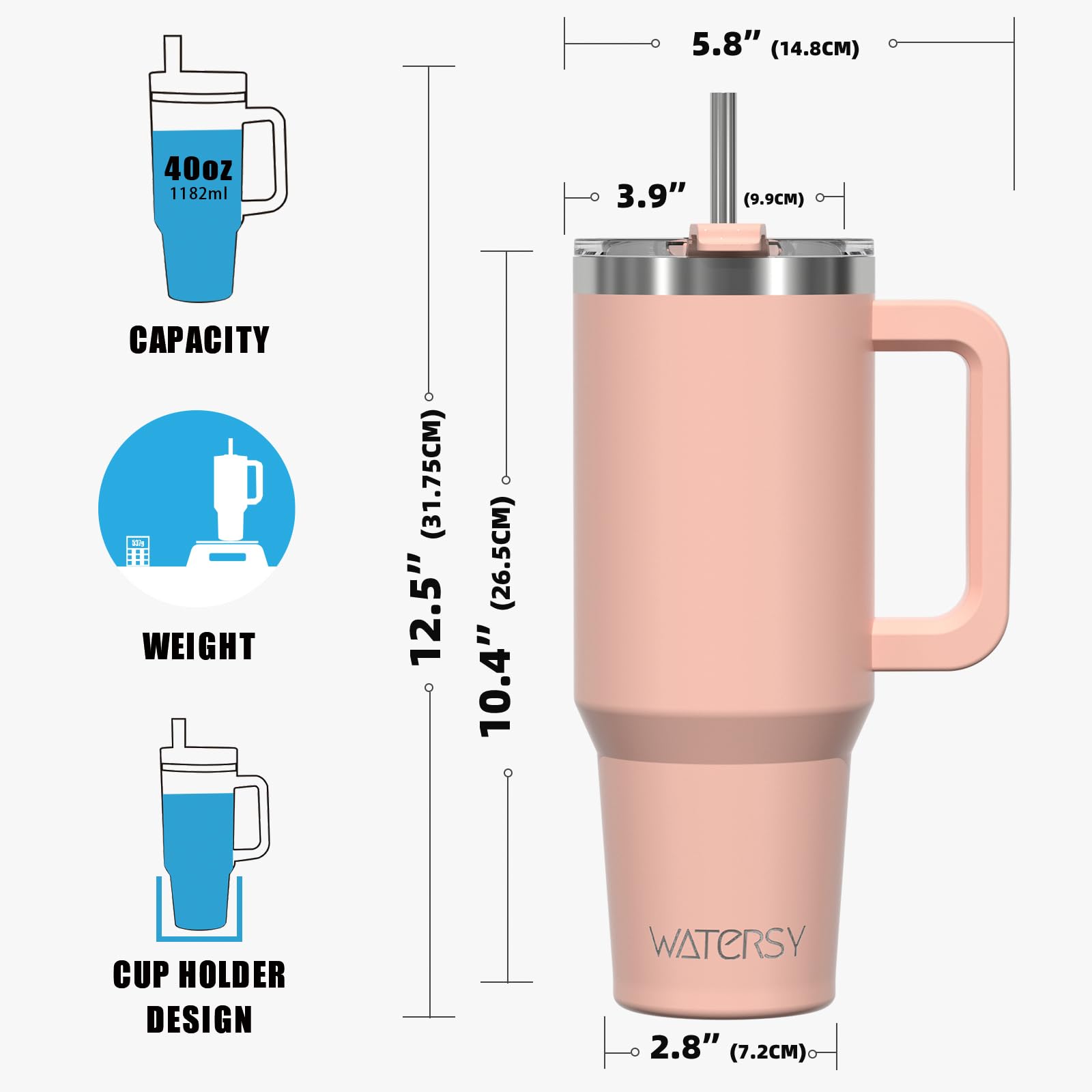 Watersy car cup holder-friendly tumbler fits most vehicles.