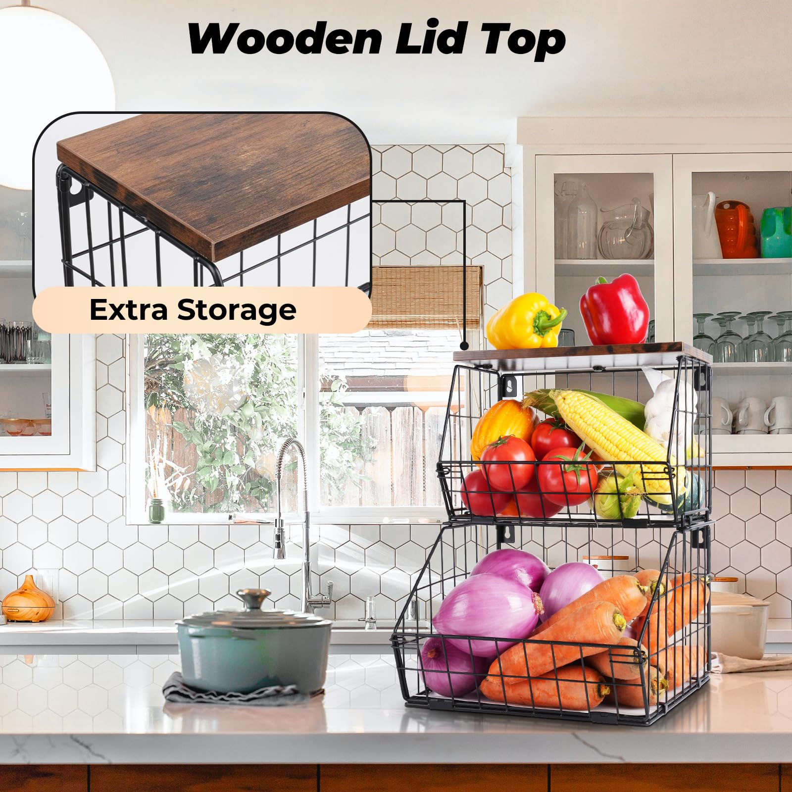 Wawocs fruit and vegetable storage basket on wall for fresh-air ventilation.