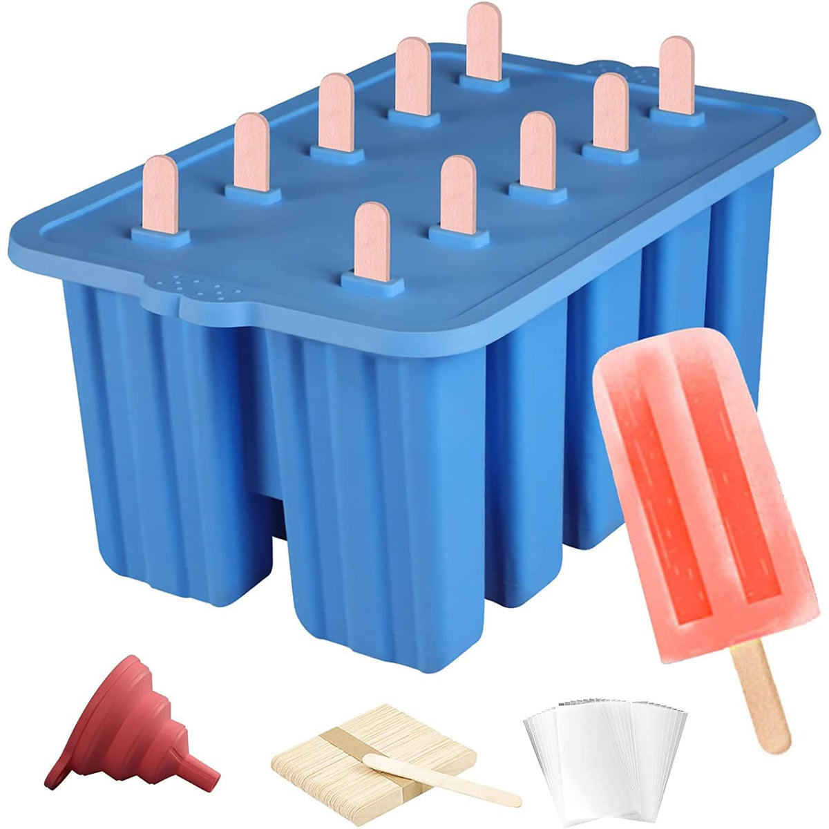 Waybesty silicone popsicle molds in blue with ergonomic anti-slip handle for easy grip.