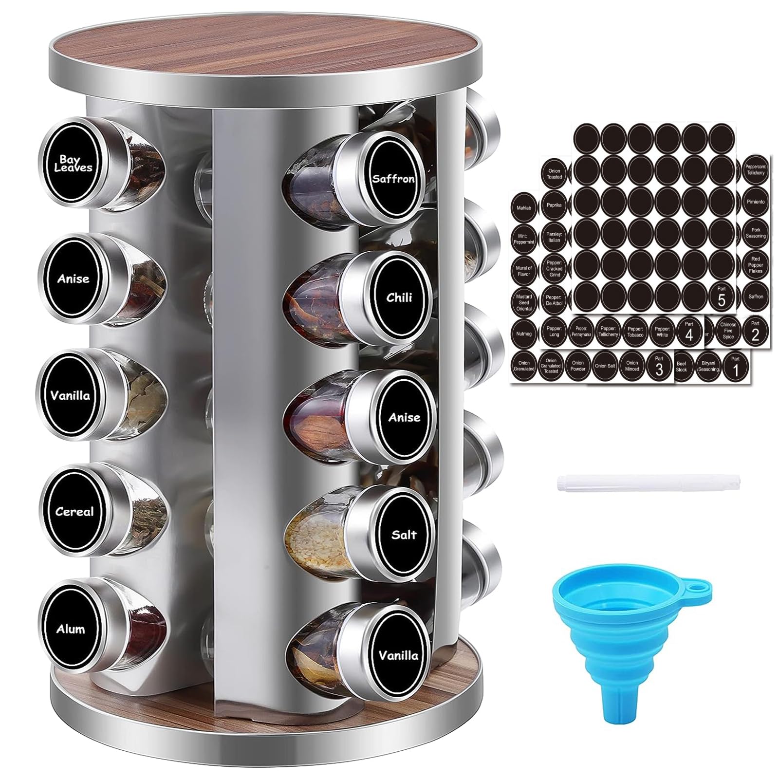 WAYDA rotating spice rack with twenty glass jars keeps your spices neatly organized.