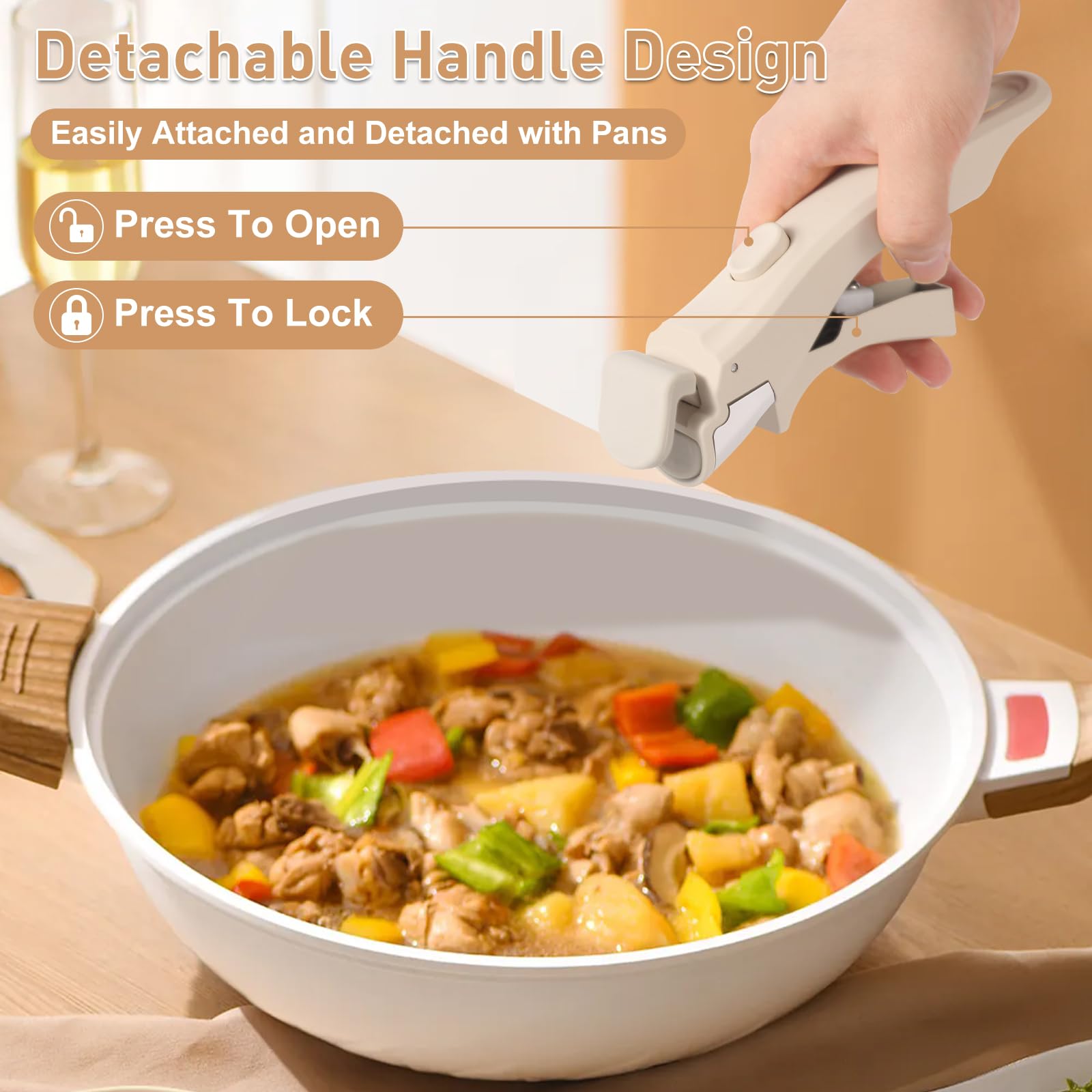 Wayona detachable pan handle action button illustrating quick attachment and removal.