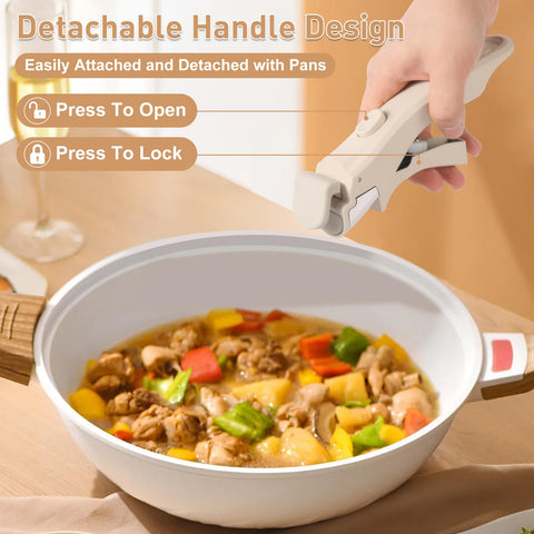 Wayona detachable pan handle action button illustrating quick attachment and removal.