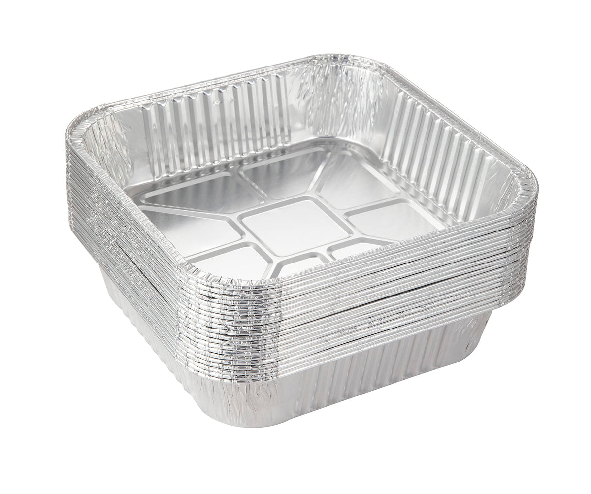 Waytiffer 25-pack 8x8 aluminum foil pans, top view, for quick prep and packaging.