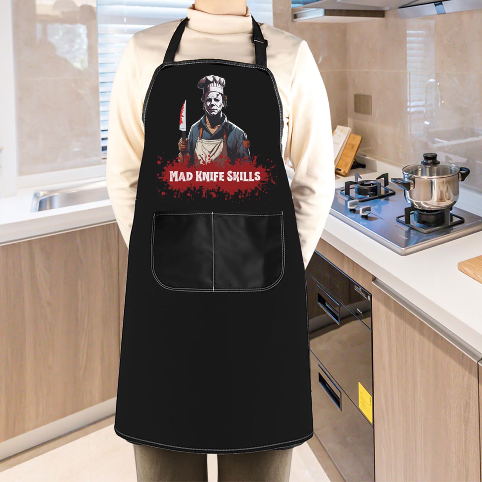 WCGXKO Horror Michael apron adjustable neck ensures comfortable fit for most users.