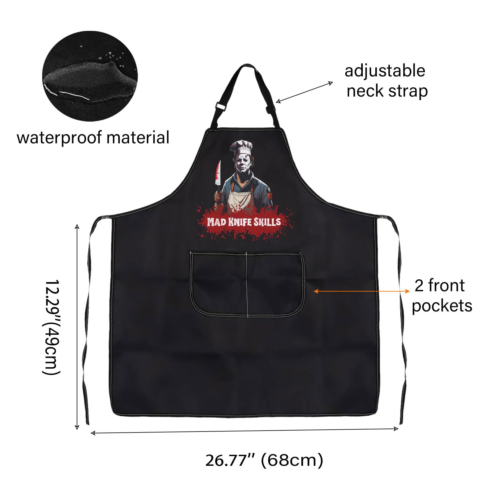 WCGXKO Horror Michael apron back view emphasizes full-coverage protection during meals.