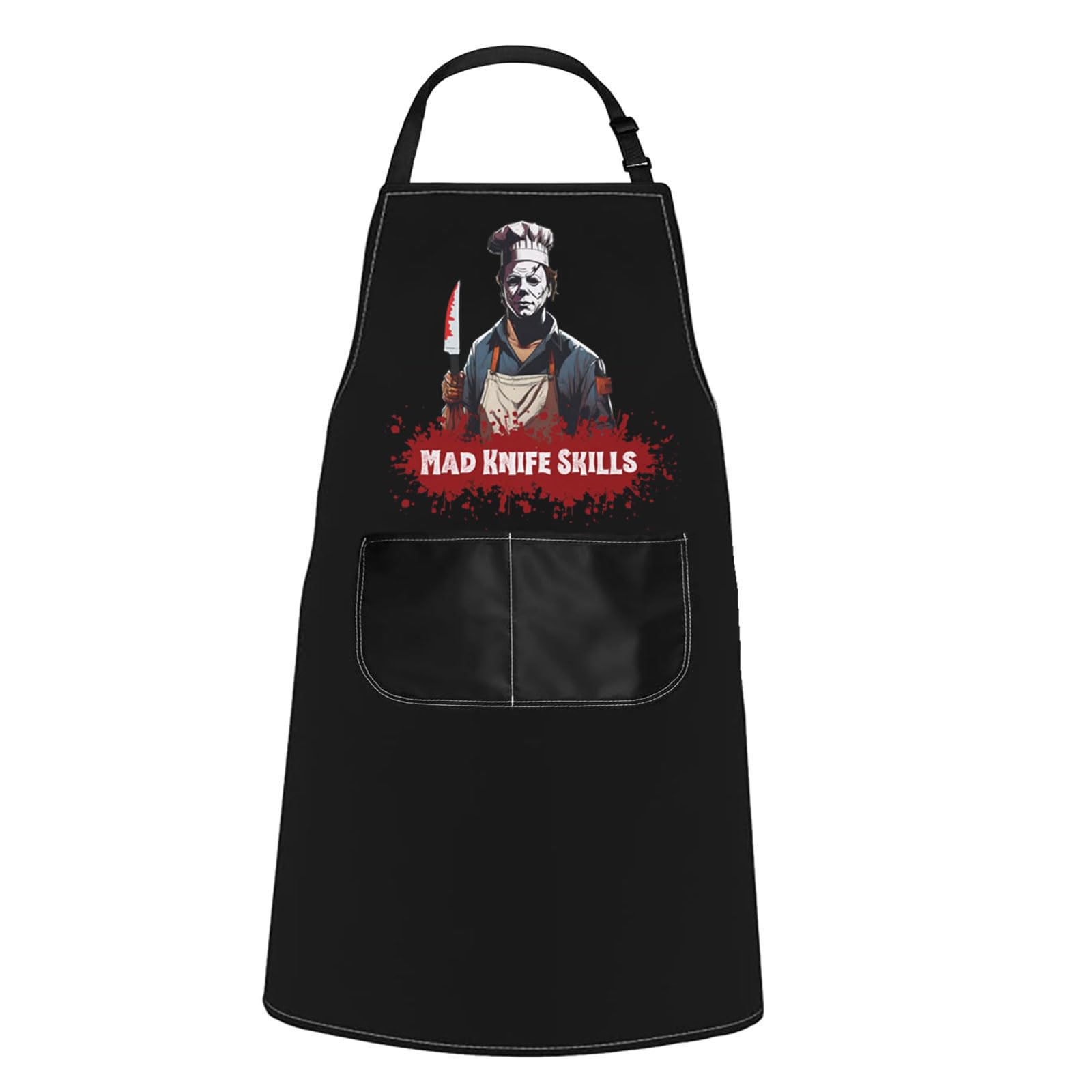 WCGXKO Horror Michael apron front view highlights durable, stain-resistant fabric for themed cooking.