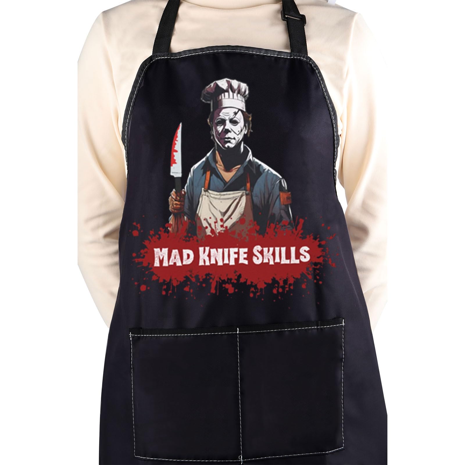 WCGXKO Horror Michael apron in-use kitchen scene demonstrates versatile home use.