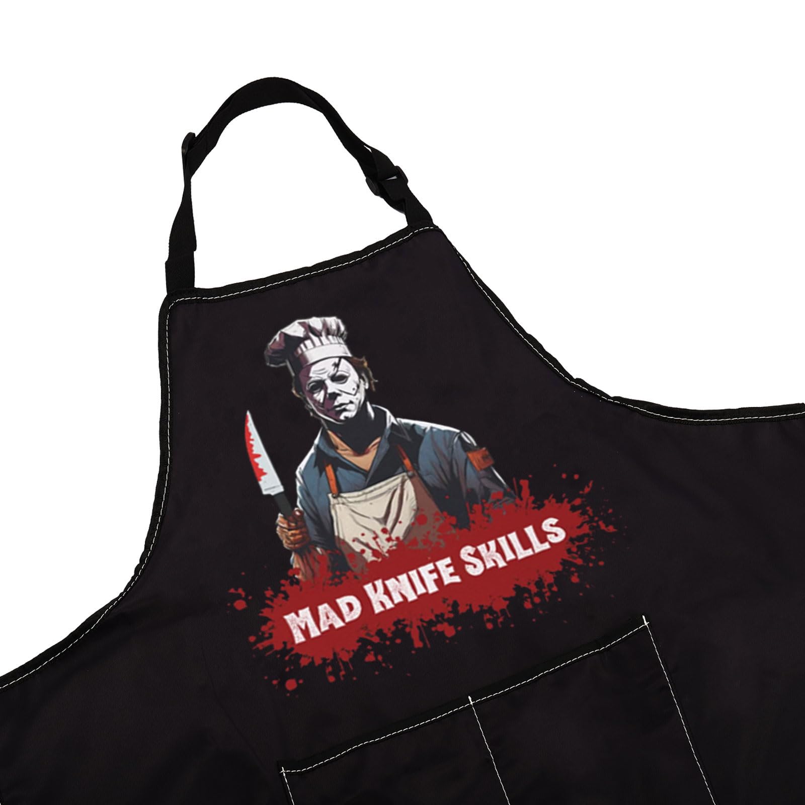 WCGXKO Horror Michael apron pockets showcase convenient storage for utensils and tools.