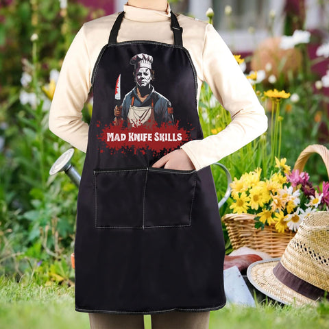 WCGXKO Horror Michael apron waterproof material protects clothing during messy tasks.