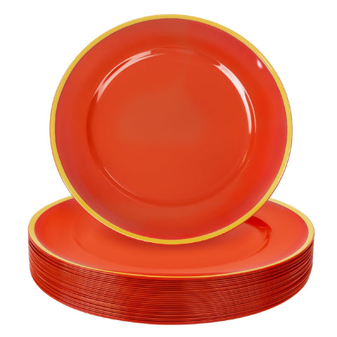 WDF 12-inch red and gold charger plate on table for an elegant dinner setting