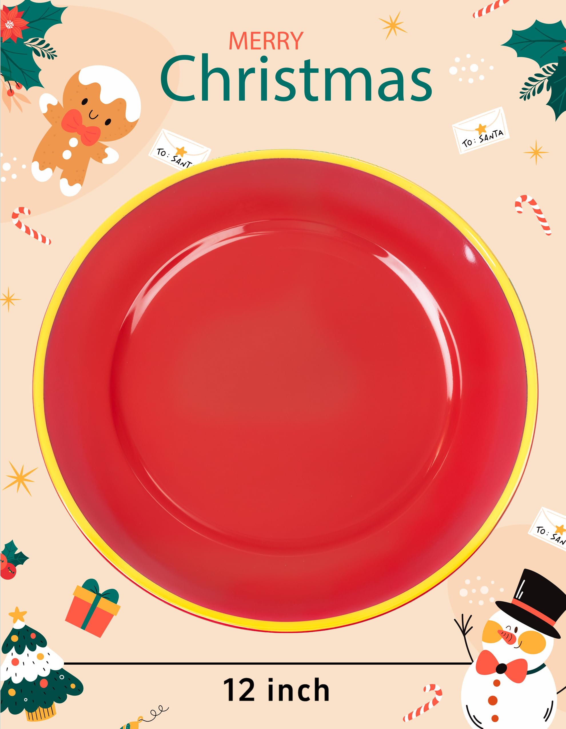 WDF close-up of red plastic charger plate with gold rim detail