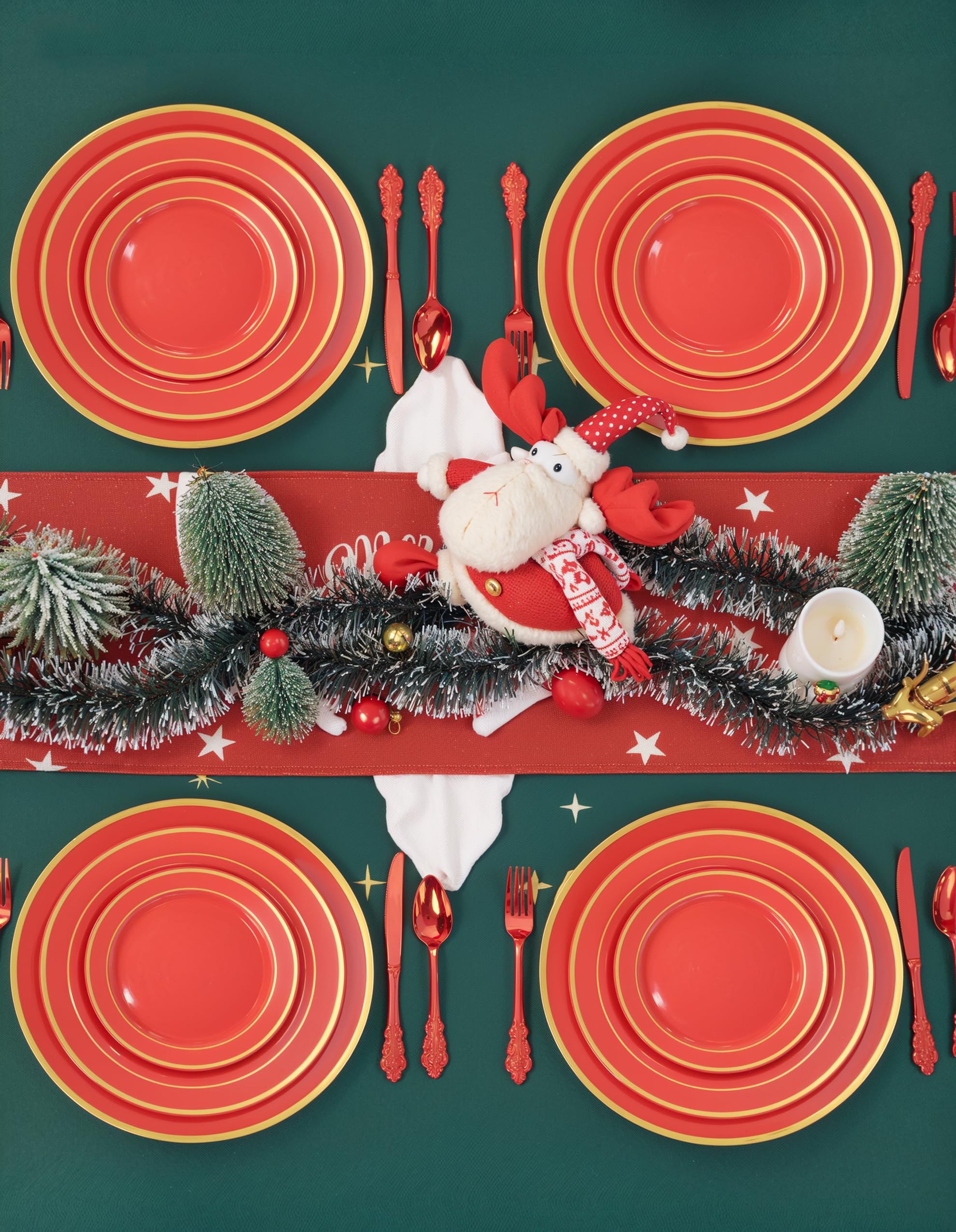 WDF Christmas party table using red gold charger plates