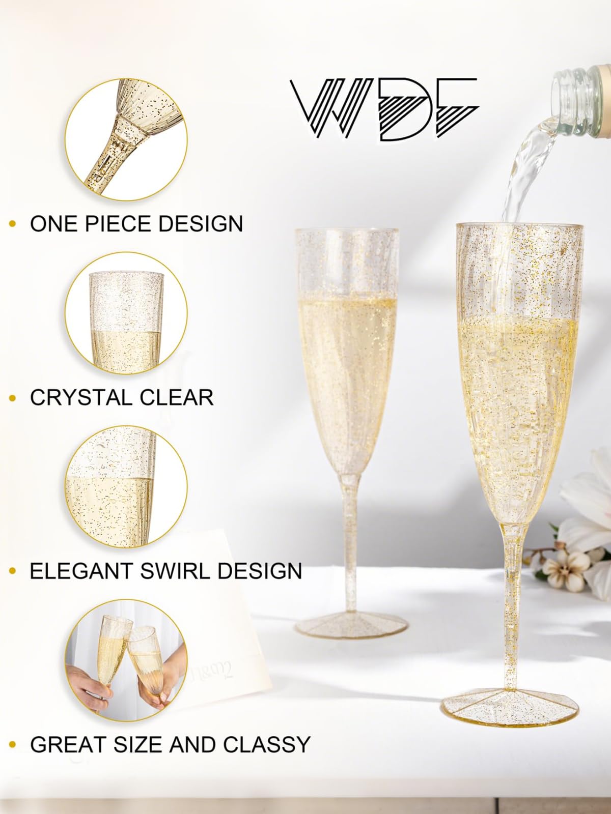 WDF shatterproof plastic champagne flute for safe service.
