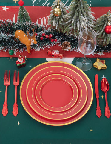 WDF Valentine’s Day table with red and gold chargers