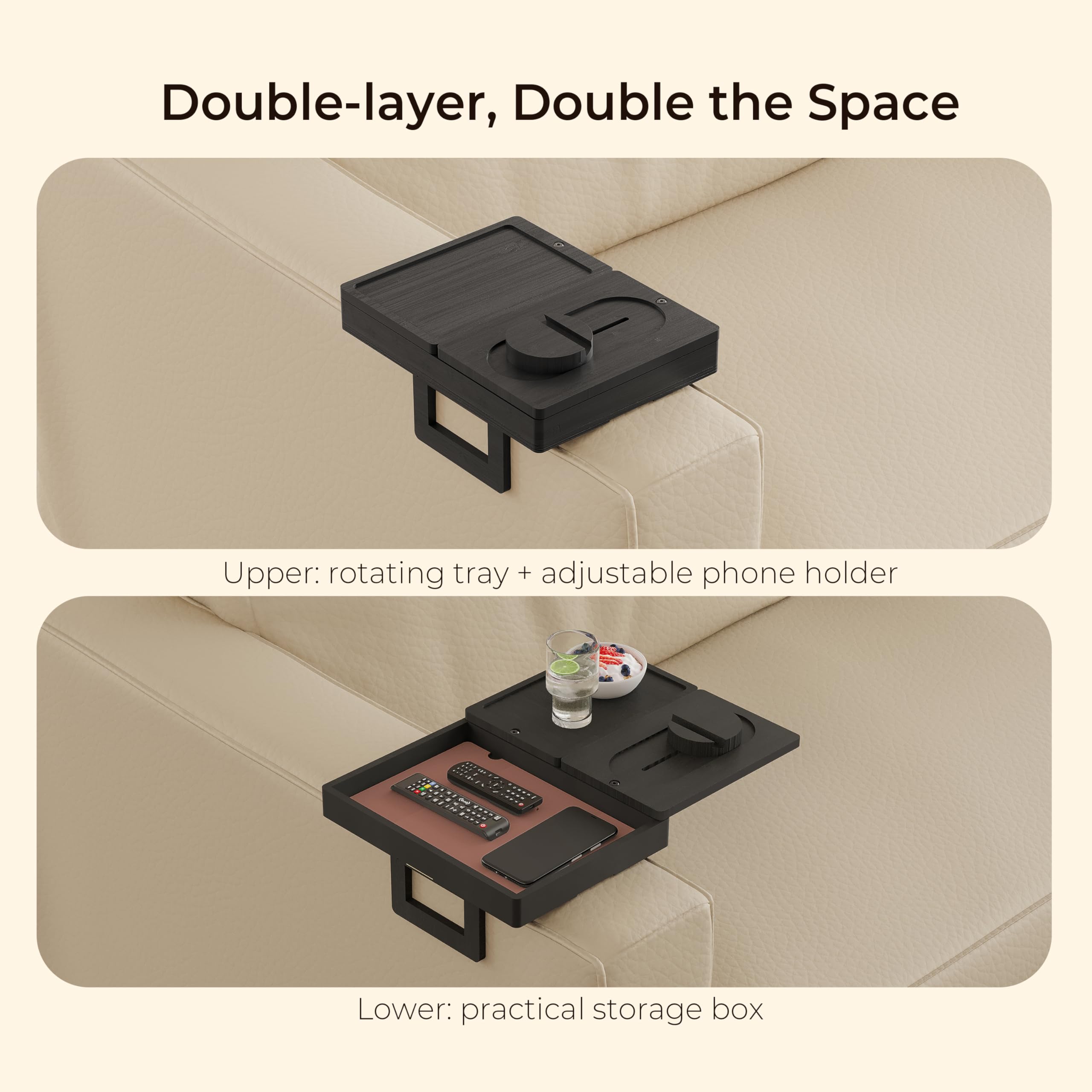 Wealone sofa clip table showing 360° phone holder for hands-free viewing.