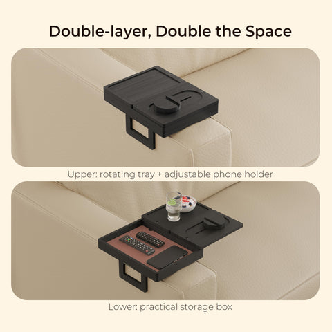 Wealone sofa clip table showing 360° phone holder for hands-free viewing.