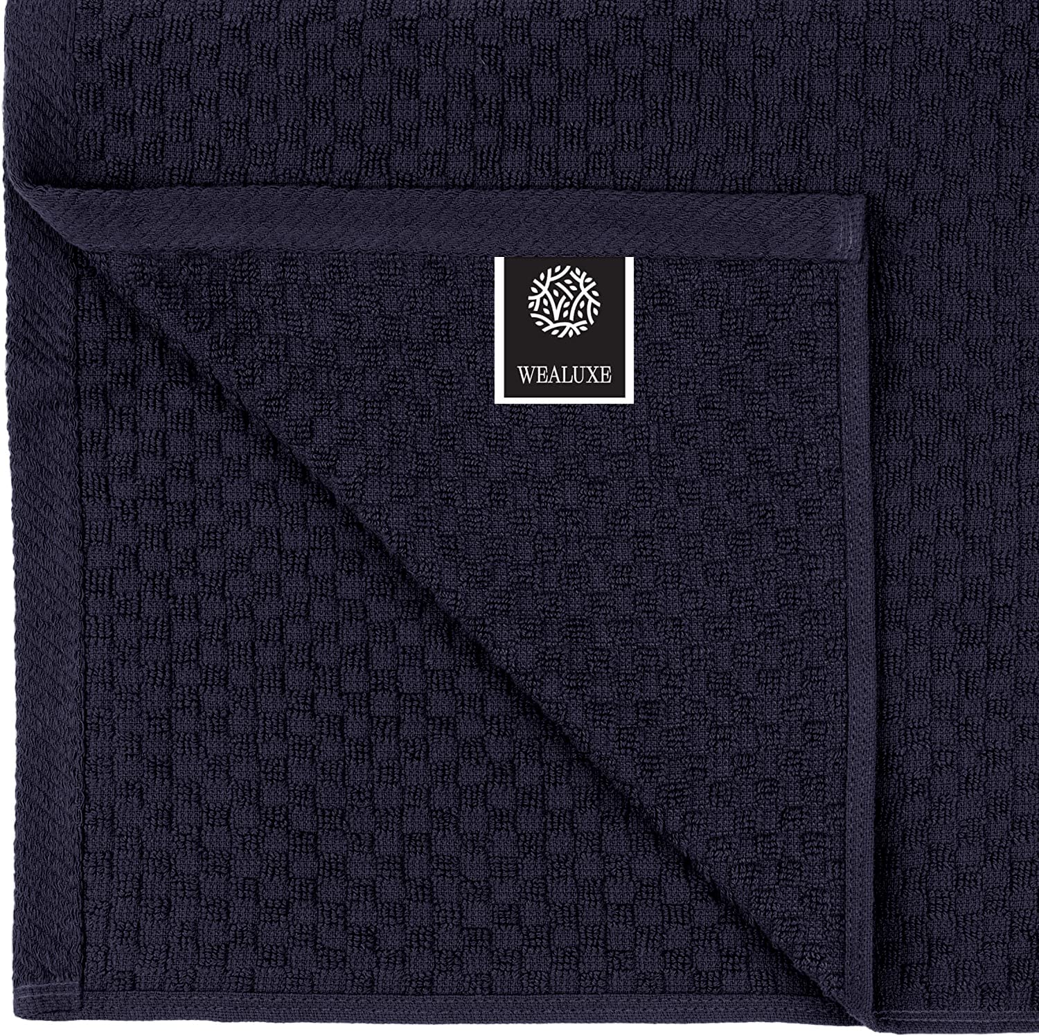 Wealuxe navy kitchen towels close-up shows dense weave for absorbent performance.