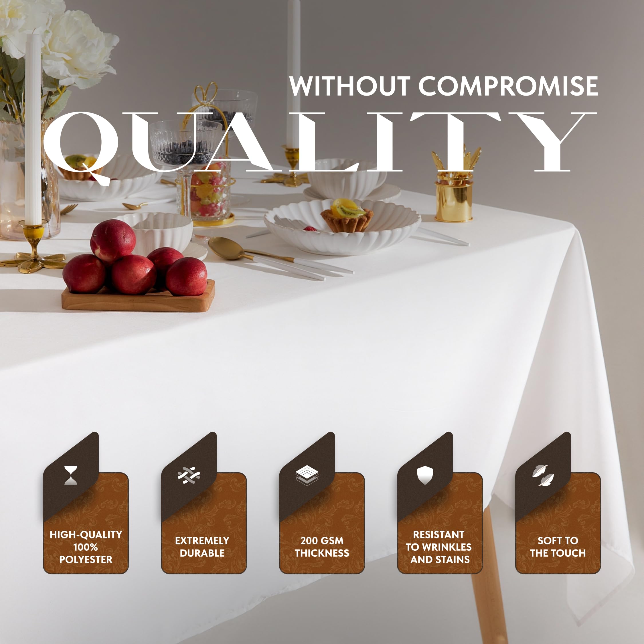 Wealuxe stitched-hem edge tablecloth highlights precise tailoring for refined presentation.