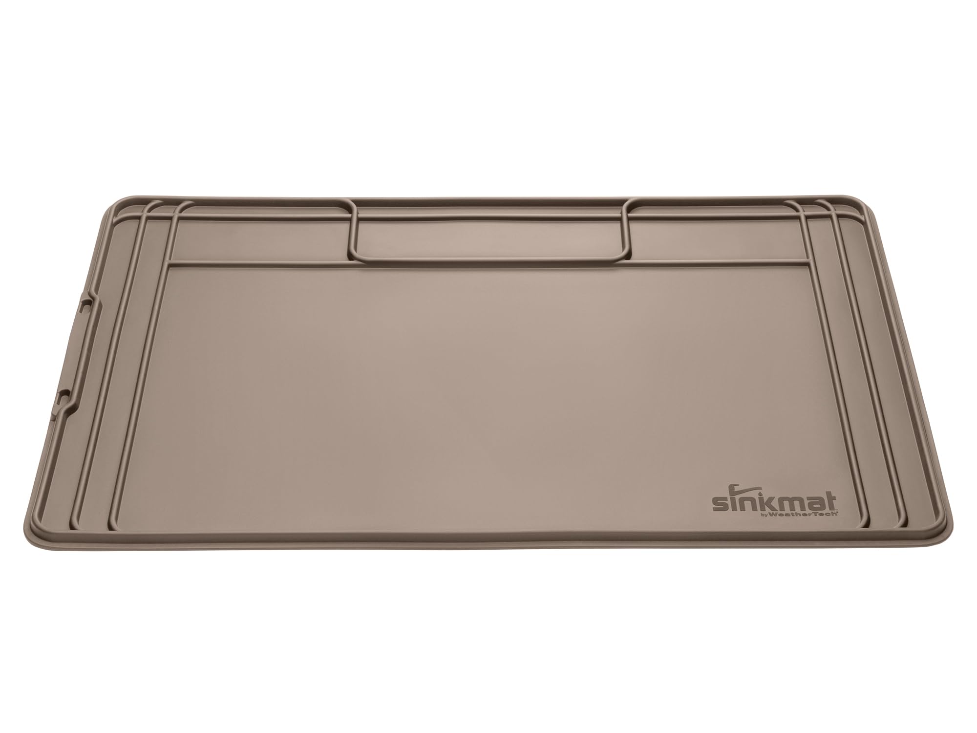 WeatherTech SinkMat under-sink liner in tan protects cabinets from spills.