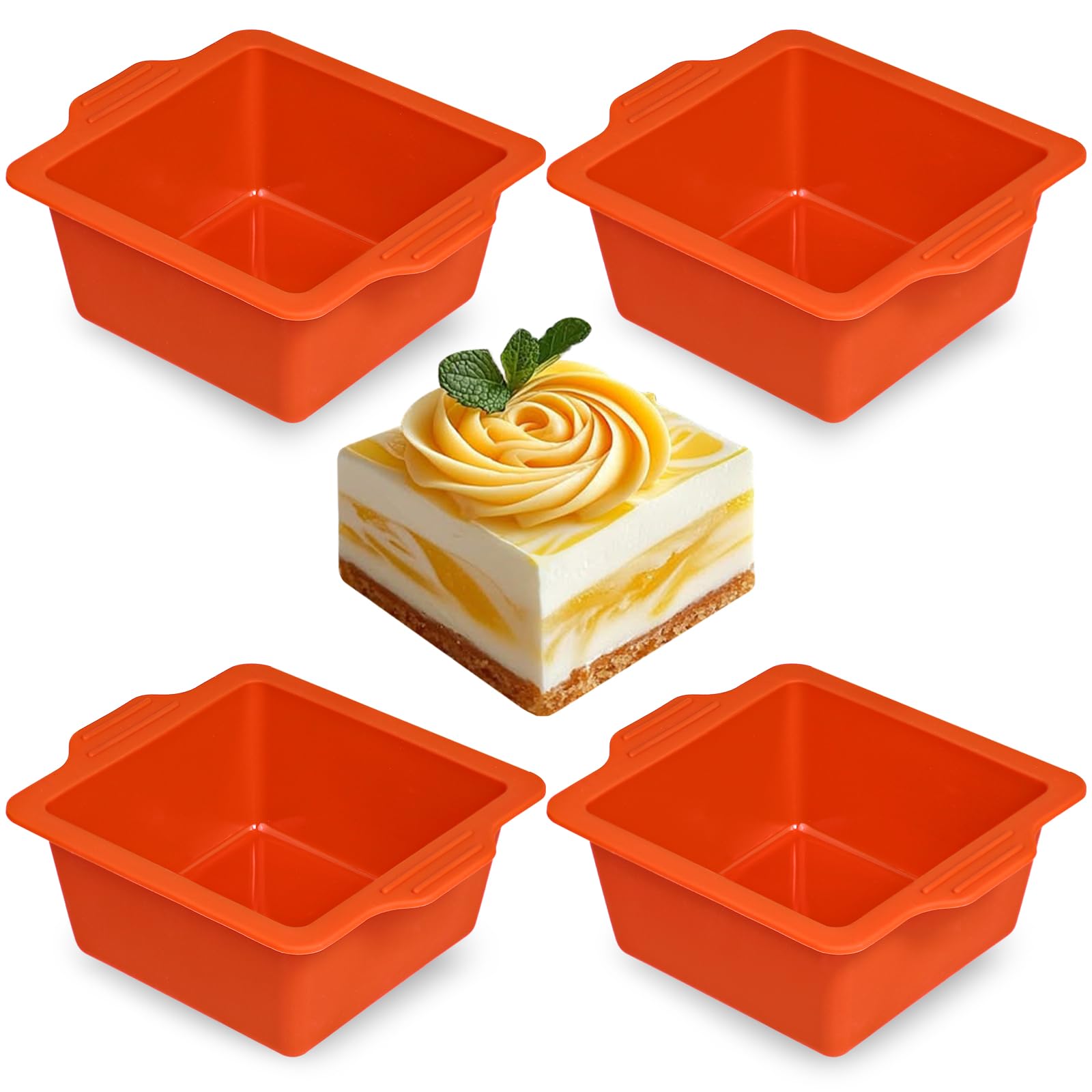 Webake 4-inch silicone square pans, front view, easy release for baked goods.