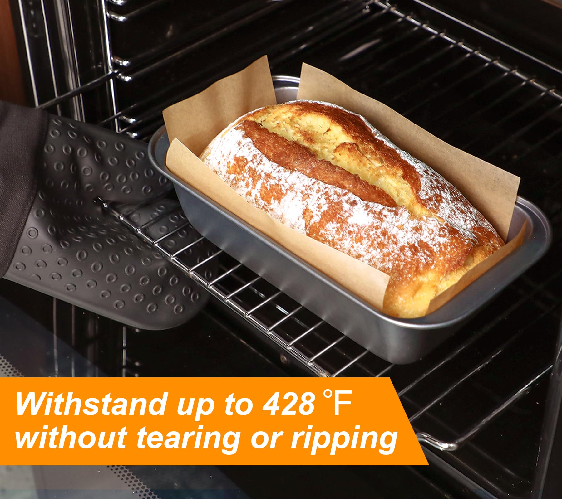 Webake 9x5 loaf pan liner designed for 1.5 lb loaves, oven safe to 430°F.