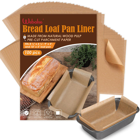 Webake loaf pan liners in packaging box ready for quick baking prep.