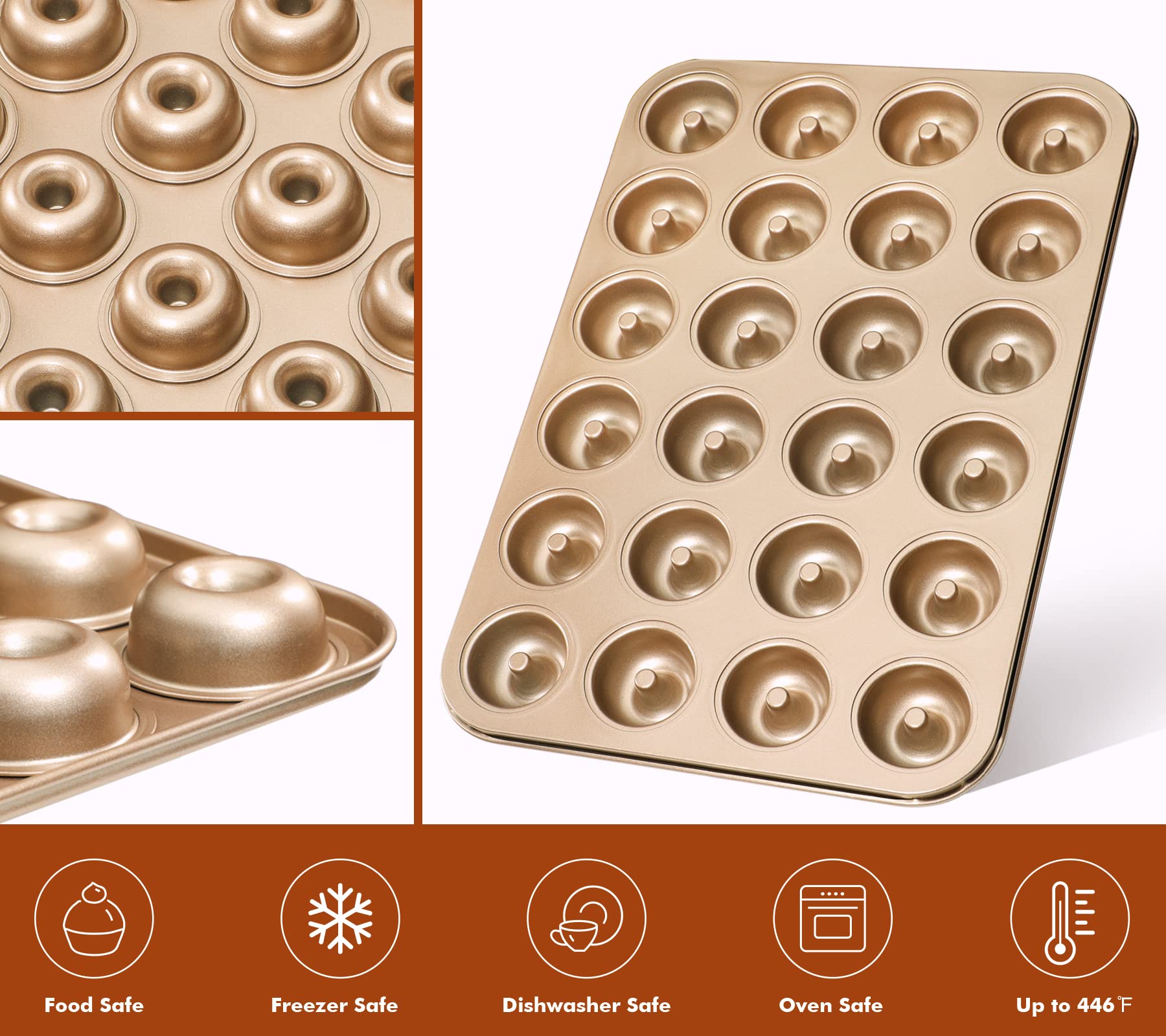 Webake mini donut pan close-up highlighting nonstick coating for easy release.