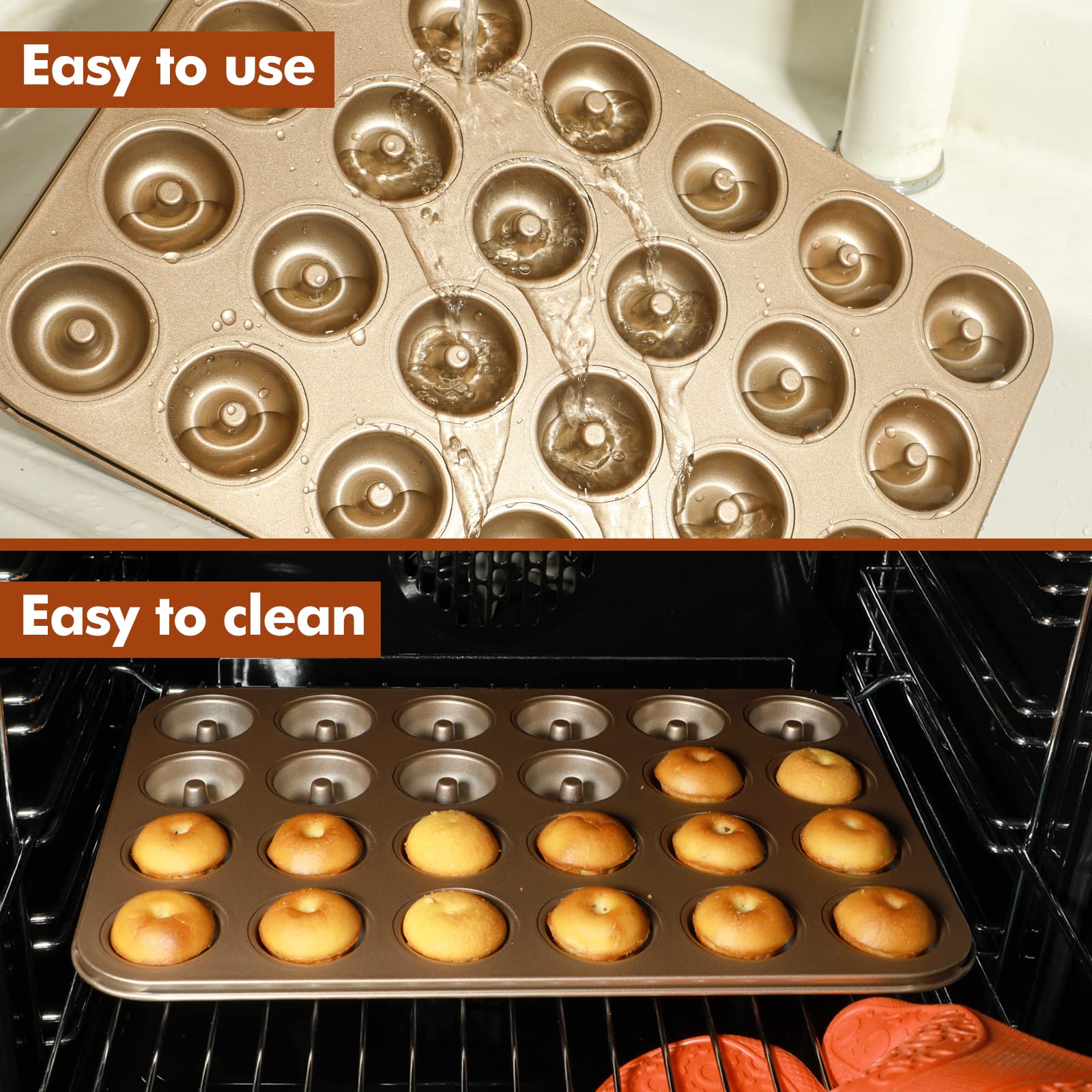 Webake mini donut pan stacked for space-saving storage.