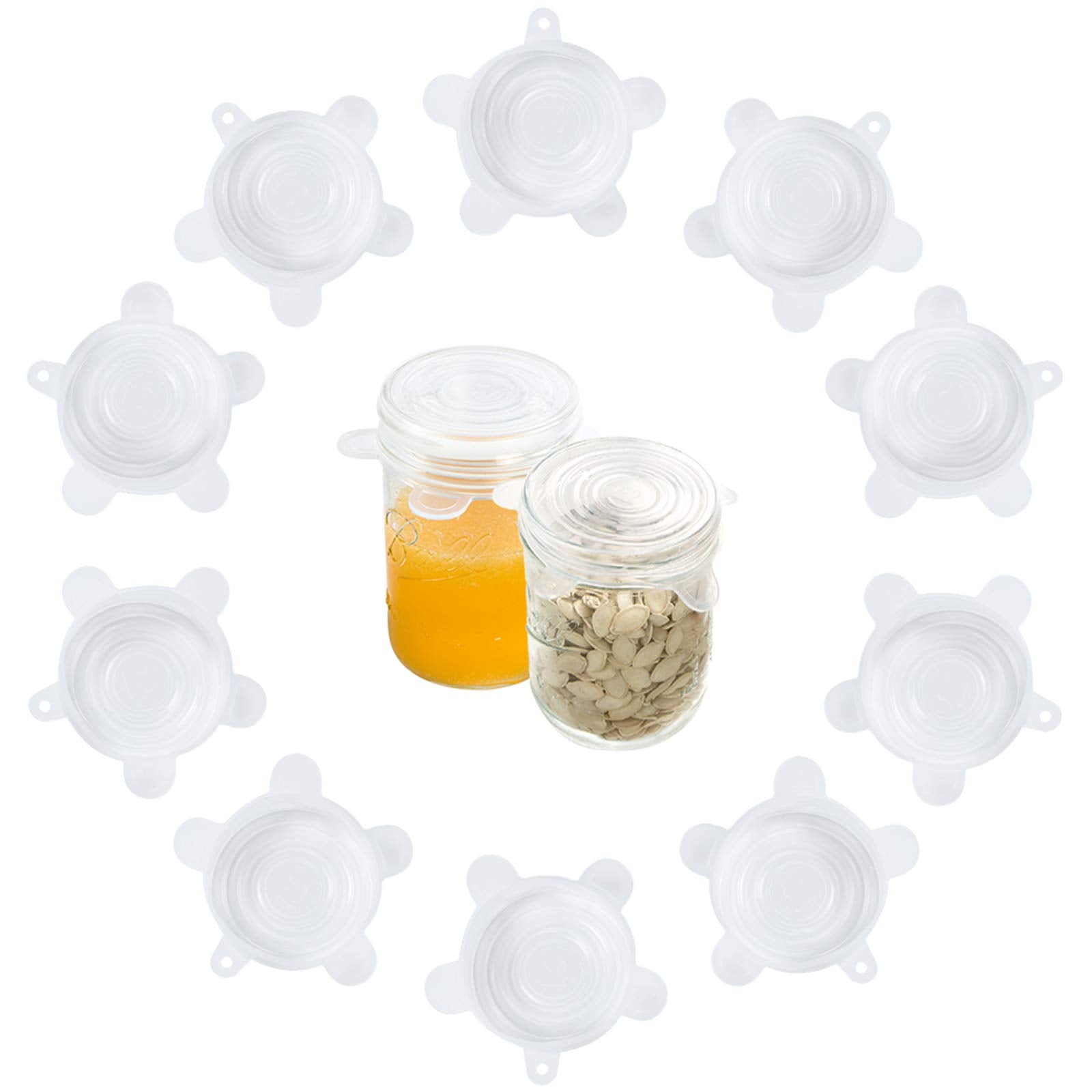 Webake silicone stretch lids on a regular-mouth jar form an airtight, reusable seal.