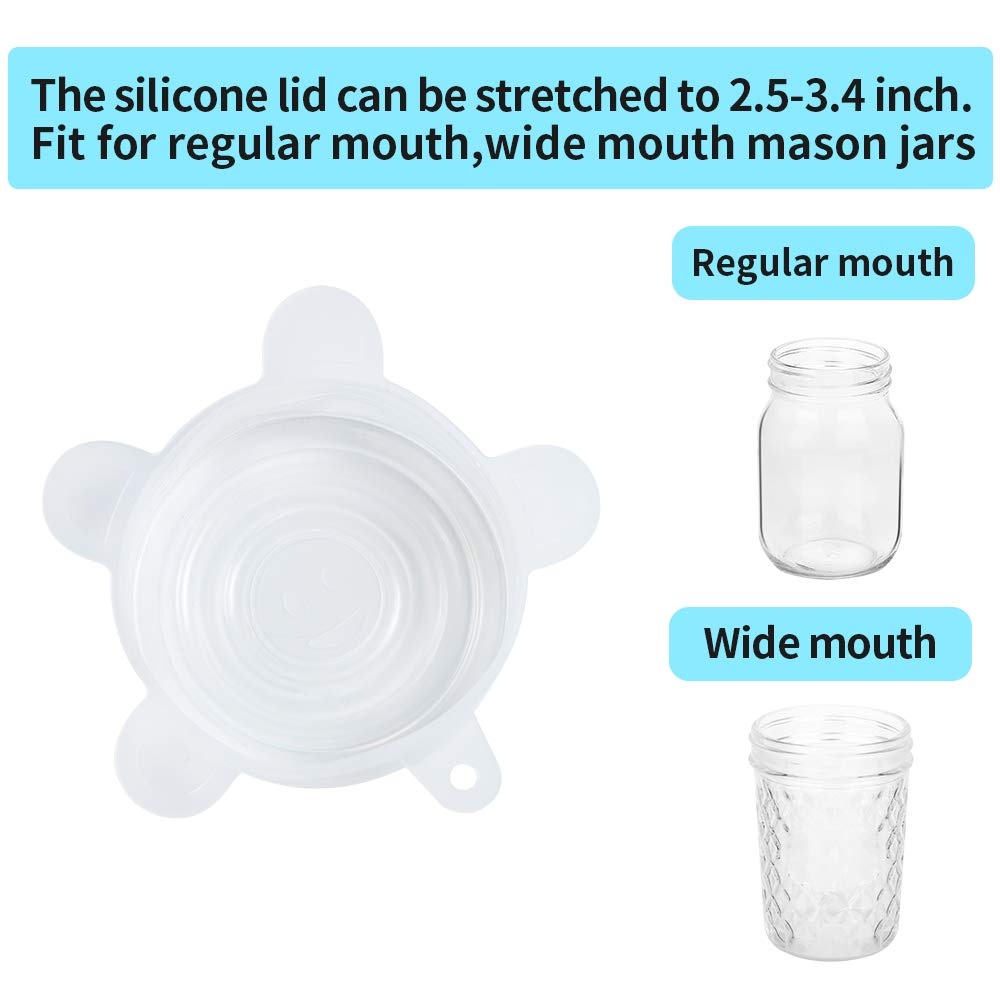 Webake silicone stretch lids on a wide-mouth jar demonstrate versatile fit and reusable storage.